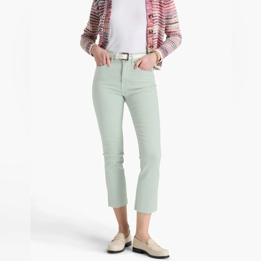 Veronica Beard Carly Kick Flare Crop High Rise Jeans Silver Sage Green Size 28